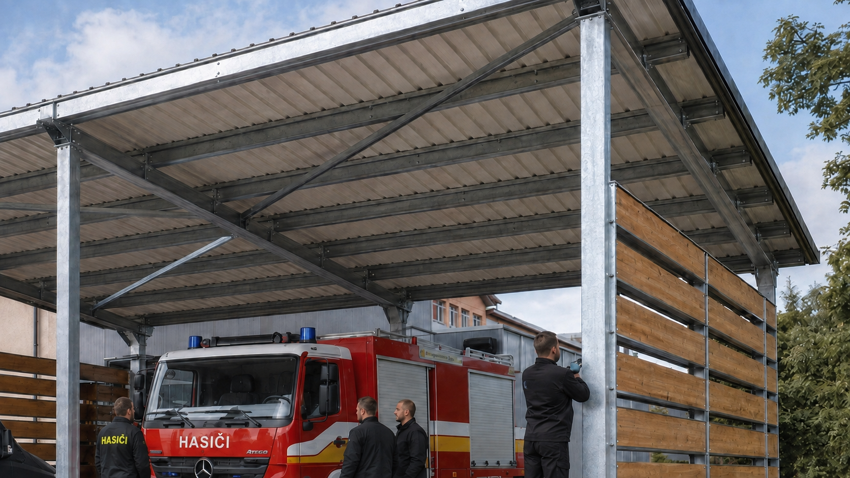 Ocelový přístřešek pro techniku dobrovolného hasičského sboru